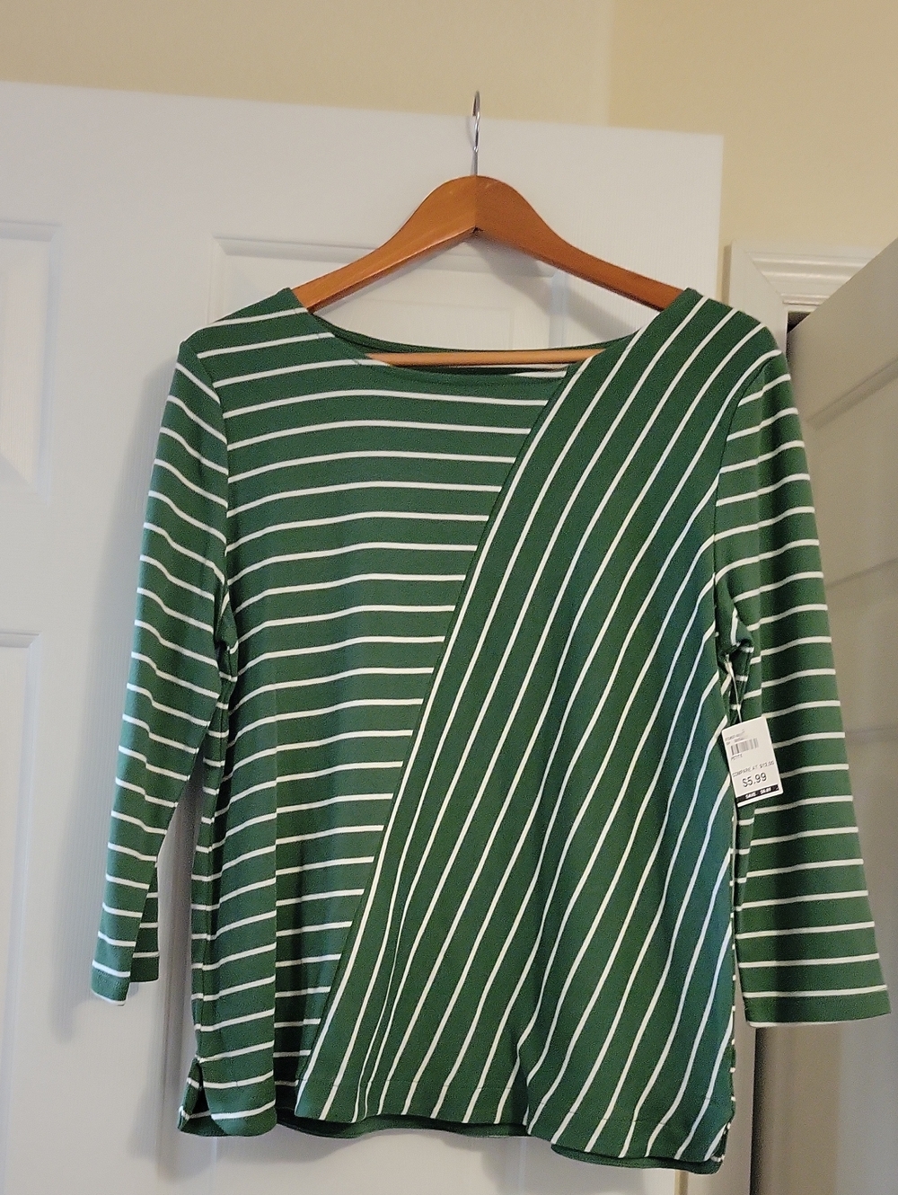 Kim Rogers Green and White Striped Asymmetrical Boatneck Top